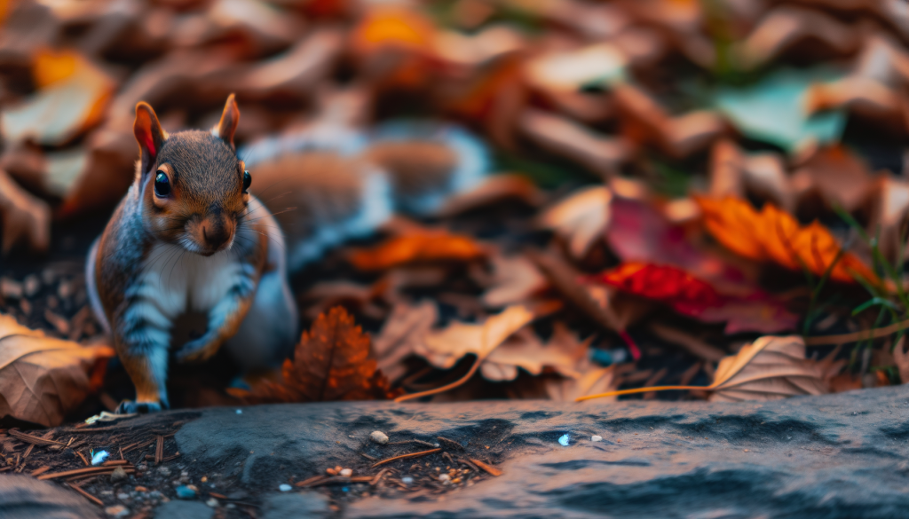 A Squirrel on the ground with leaves looking at the camera