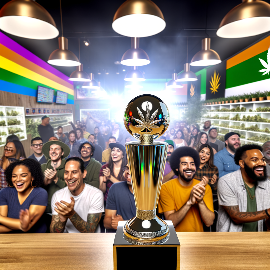 cannabis trophy winner in dispensary with happy crowd