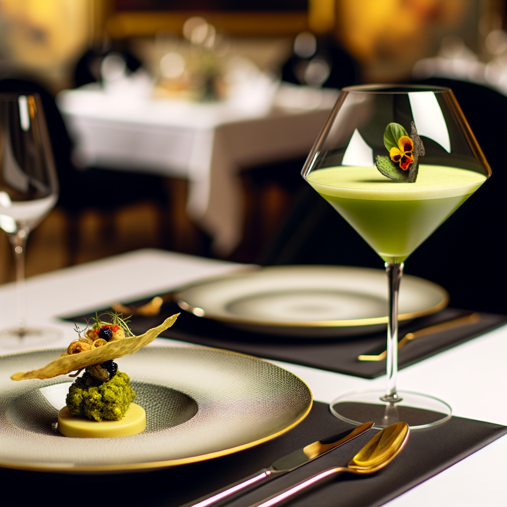Cannabis Infused dinner on fancy plate with Green Martini in restaurant