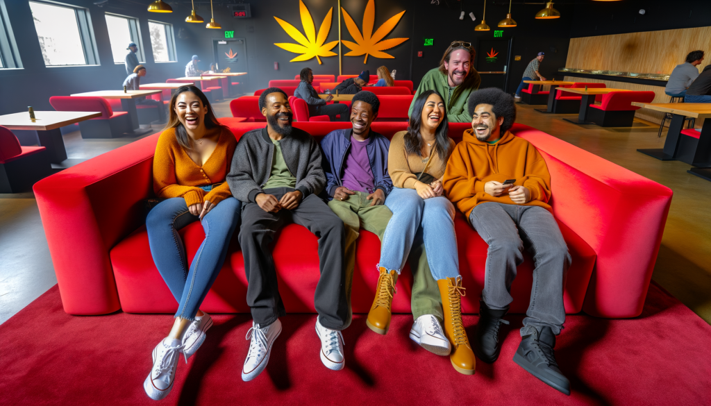 people sitting smiling on a giant red couch in a cannabis 420 lounge with games and other seating around a large room