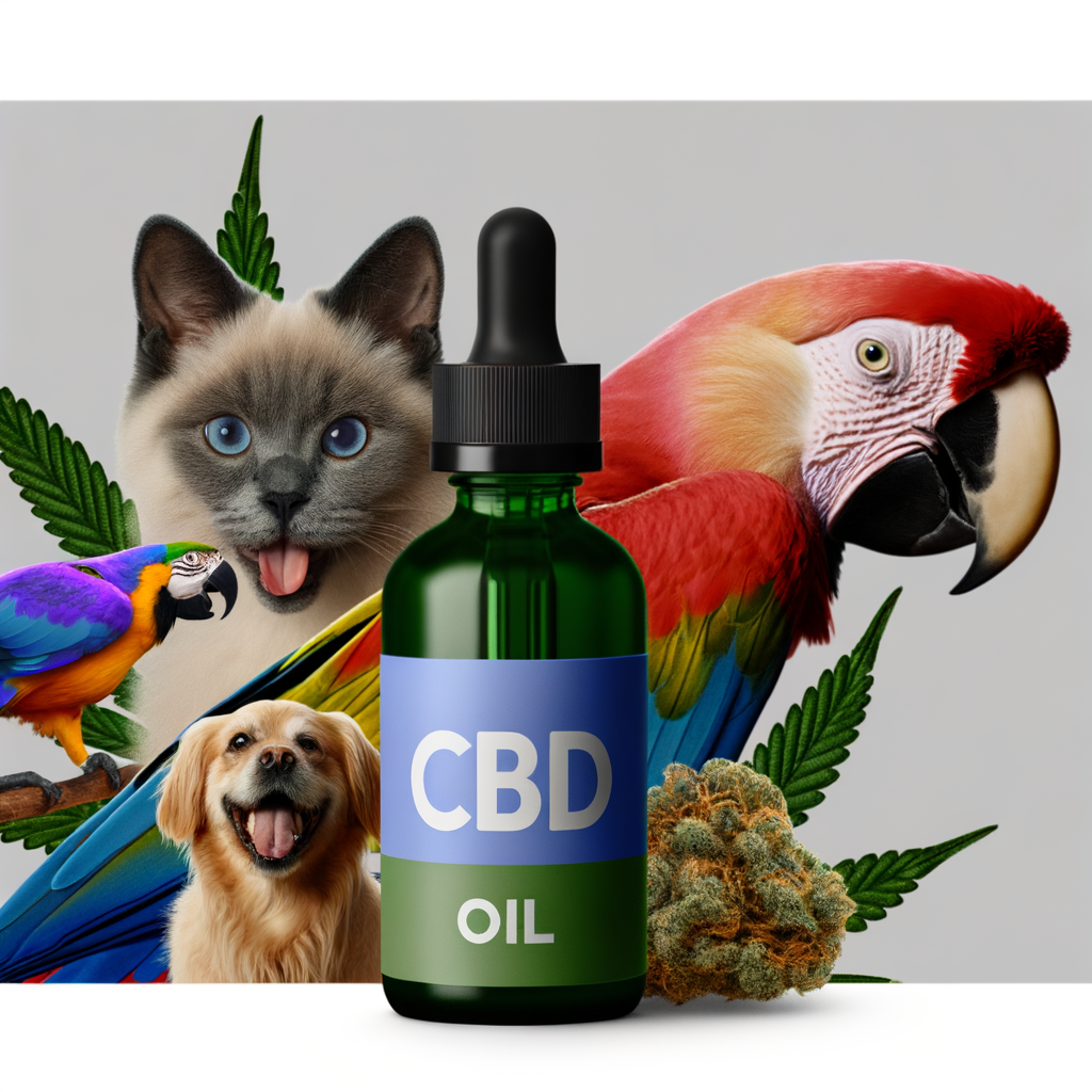An advertisement with a CBD Bottle with a cat, dog, parrot and birds