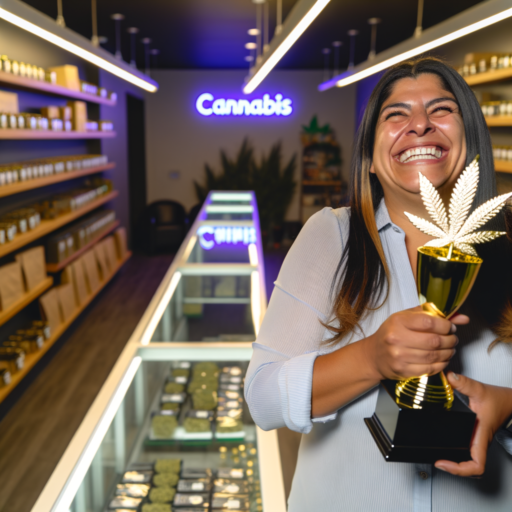 cannabis trophy given to cannabis business owner inside cannabis store