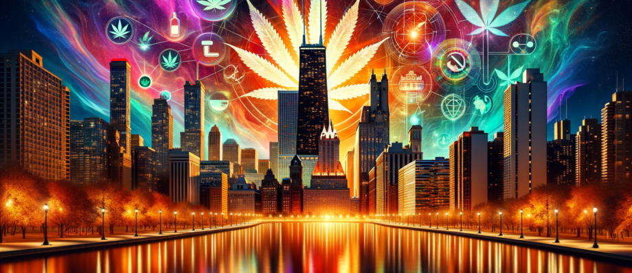 Cannabis Laws 2024 Graphic with Chicago Skyline in background