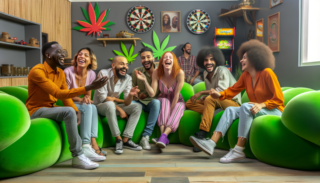 People smiling on large green couch in a cannabis lounge with games in the background