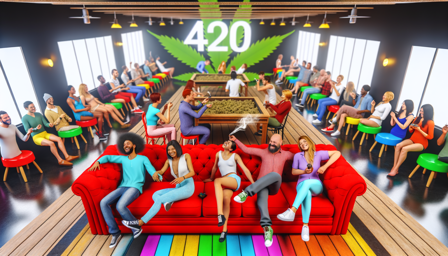 people sitting smiling on a giant red couch in a cannabis 420 lounge with games and other seating around a large room full of people partying and smoking cannabis