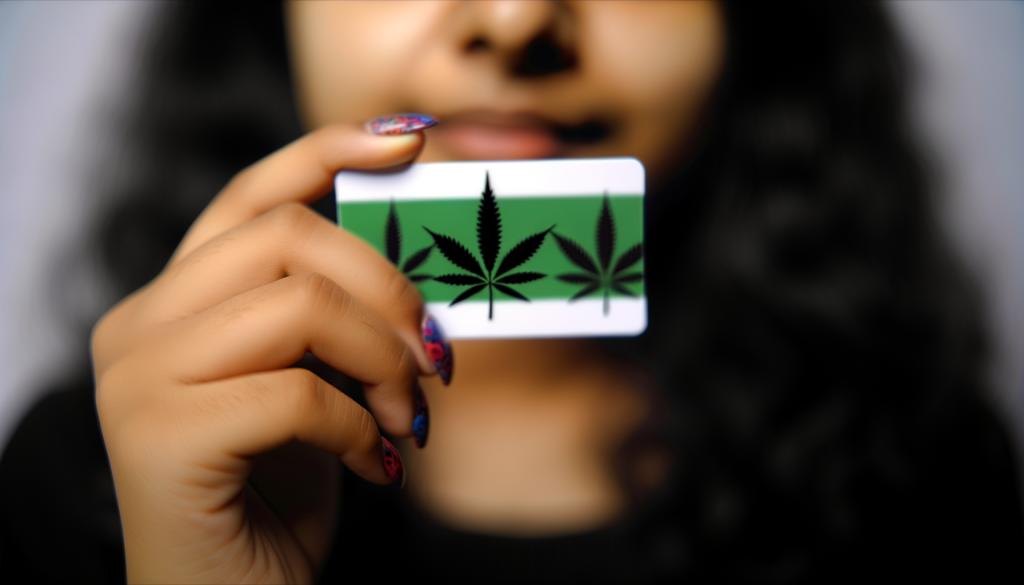 A girl holding a white membership card with cannabis leaves on it
