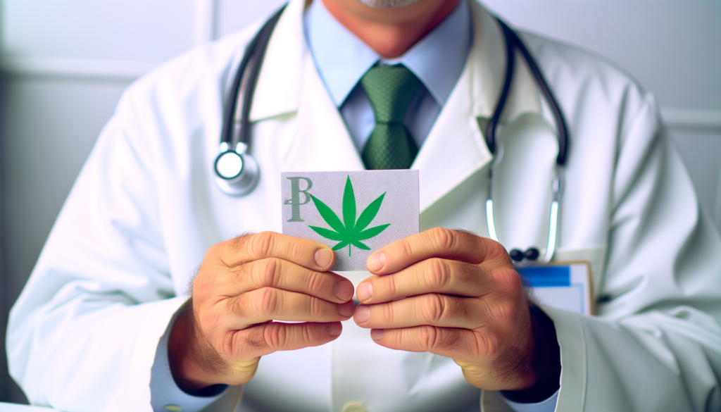 doctor holding prescription card with cannabis leaf on it